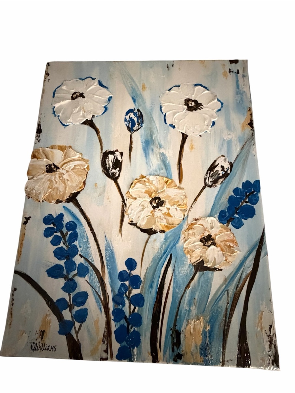 NWT Acrylic Textured Floral Canvas Painting in White, Blue & Cream 14 x 18" - Picture 5 of 14